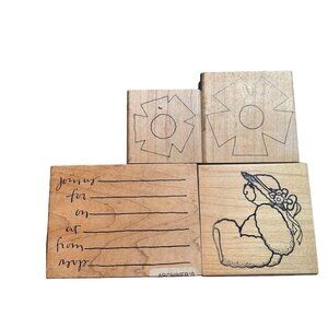Wood Rubber Stamp Set Vintage Designs Bear Flowers & Fun Invite Lines